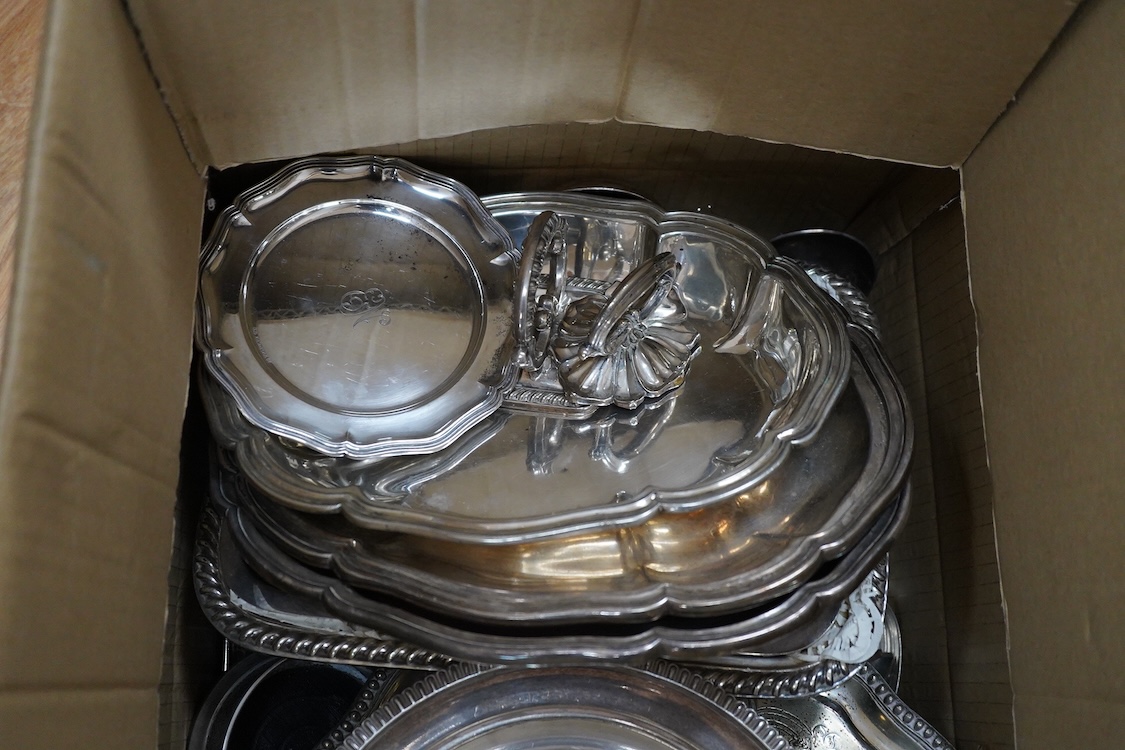 An Old Sheffield plated basket, a plated muffin dish and cover by Elkington & Co and a quantity of assorted plated wares including entrée dishes, flatware, salvers, etc.